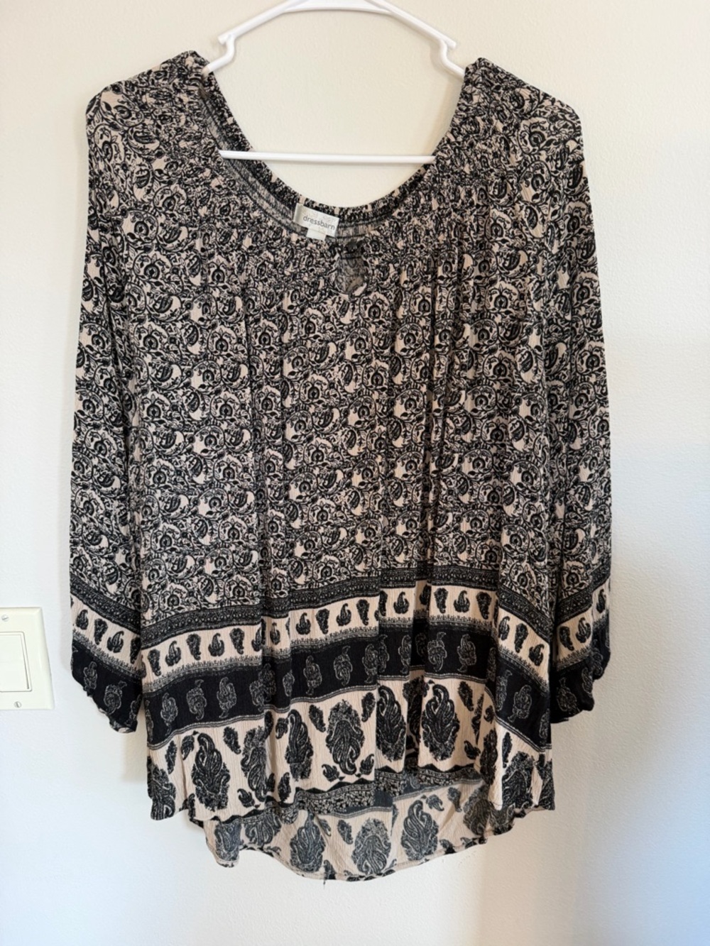 Dressbarn 3X Black Cream Paisley Boho Blouse Flowy Peasant Top Plus Size